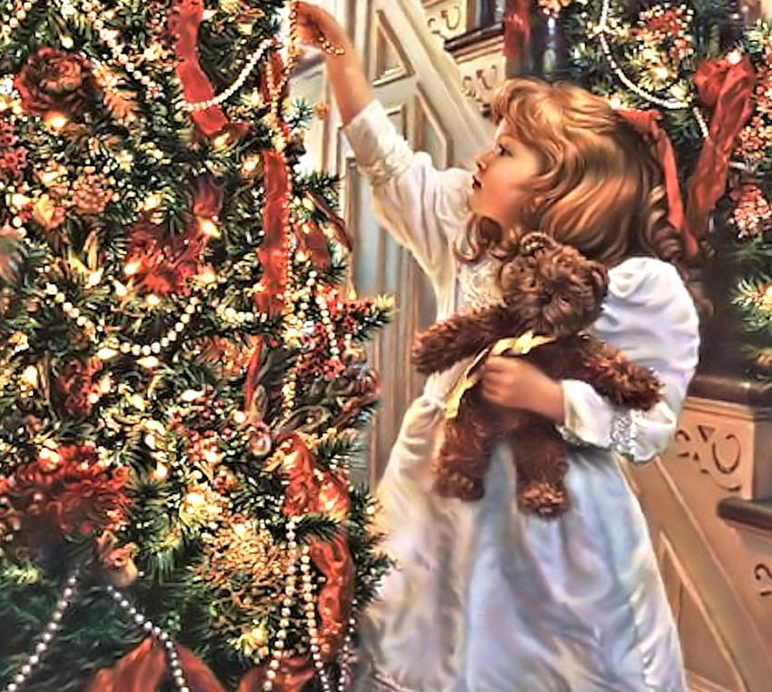 Night before Christmas, Painting, Girl, Christmas, Tree HD wallpaper