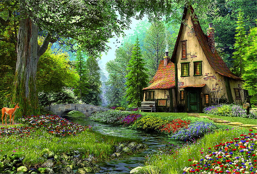 Casa de conto de fadas na floresta, casa na árvore de fadas papel de parede HD
