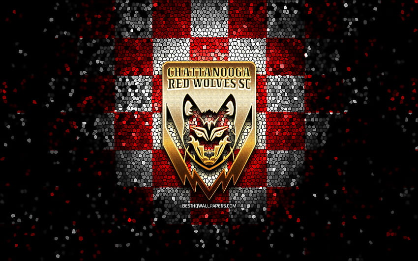 Chattanooga Red Wolves FC, glitter logo, USL League One, red white checkered background, soccer, american football club, Chattanooga Red Wolves logo, mosaic art, football, Chattanooga Red Wolves HD wallpaper