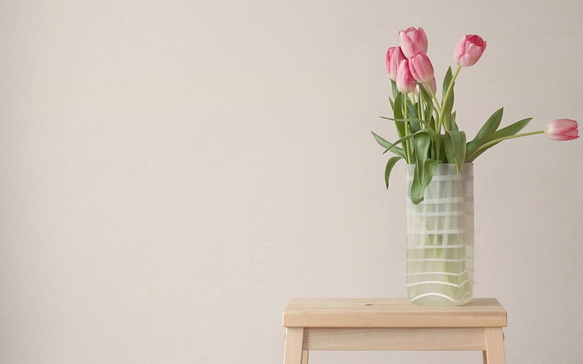 Pink Tulips Flower Vase Neutral Colors HD wallpaper