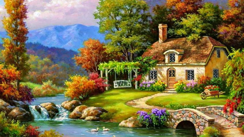 Cottage, river, painting, bridge, tree HD wallpaper