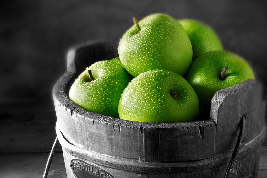 Green Apples, raw, art, tasty, apples, wet, green, fruit, bucket, nature HD wallpaper