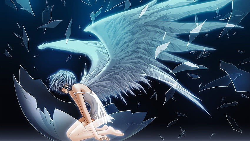 Anime menina asas de anjo olhos azuis quebrados cabelo luz papel de parede HD