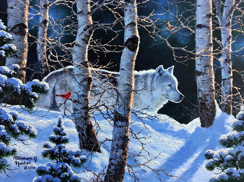 Wolf in winter, winter, bird, art, abraham hunter, wolf, painting, pictura, iarna, forest, lup, cardinal HD wallpaper