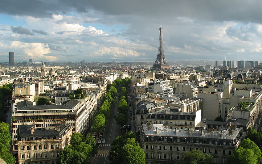 Wieża Eiffla, Paryż, wieczór, zachód słońca, budynki, ulice, panorama Paryża, pejzaż Paryża, Francja Tapeta HD
