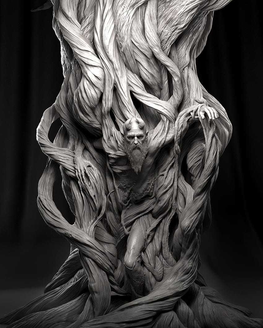 Versión esculpida de Mimir mientras aún estaba en el árbol. Arte dirigido por Rafael Grassetti y diseño original por De. Dios de la guerra, Kratos dios de la guerra, Arte de la mitología fondo de pantalla del teléfono