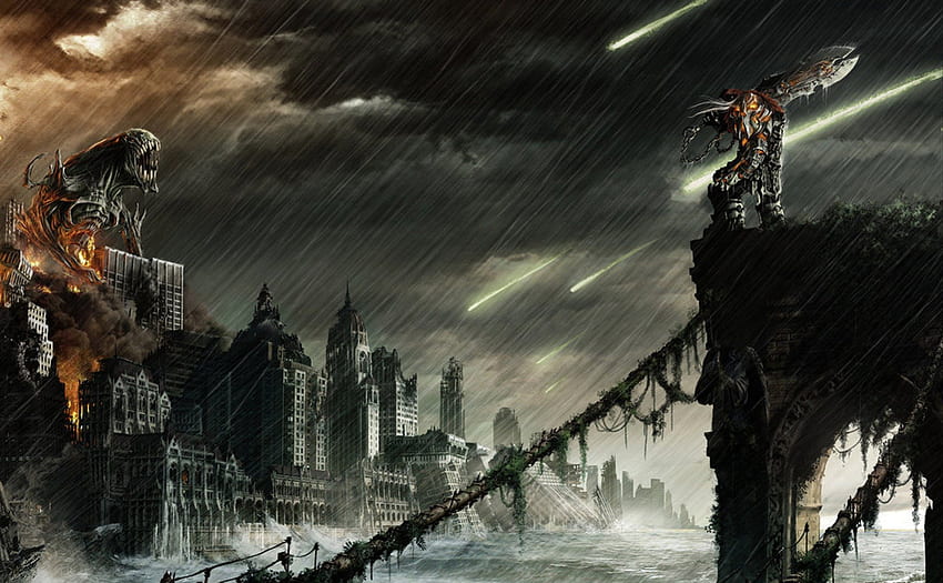 Darksiders, raining, horseman, rain, city, apocalypse, epic, demon, war, horsemen, worm, water HD wallpaper