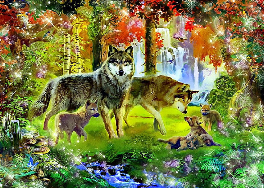 Splendid in Forests, beloved valentines, scenery, paintings animals, animals, trees, autumn, butterfly designs, jungle, carnivorous, fall season, wolves, hunter, attractions in dreams, forests, paintings, seasons, creative pre-made, love four seasons, wildlife, family HD wallpaper