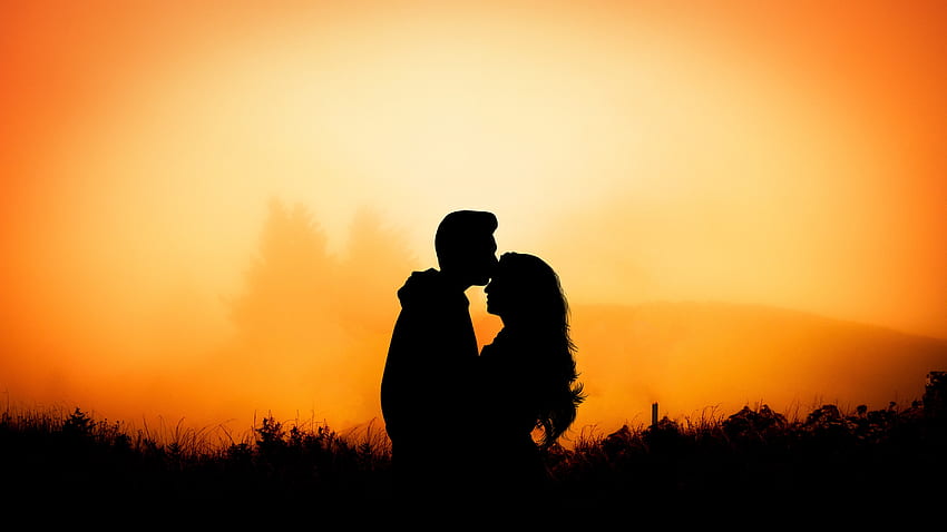 Couple, hug, kiss, love, outdoor, sunset HD wallpaper