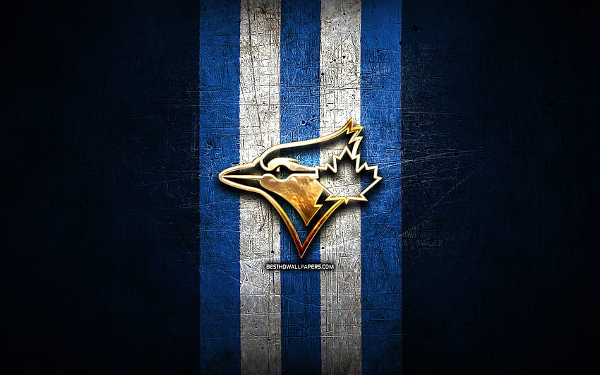 สัญลักษณ์ Toronto Blue Jays, MLB, สัญลักษณ์สีทอง, พื้นหลังโลหะสีน้ำเงิน, ทีมเบสบอลอเมริกัน, เมเจอร์ลีกเบสบอล, เบสบอล, Toronto Blue Jays วอลล์เปเปอร์ HD