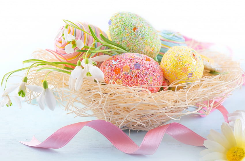 Честит Великден!, синьо, яйце, кокичета, панделка, пролет, кошница, розово, цвете, жълто, картичка, великден HD тапет