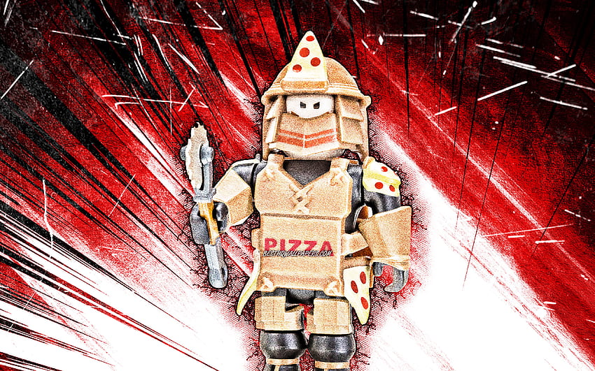 Loyal Pizza Warrior, гръндж изкуство, Roblox, фен арт, герои от Roblox, червени абстрактни лъчи, Loyal Pizza Warrior Roblox HD тапет