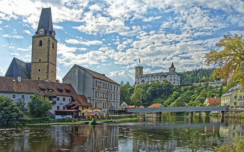 Rosenberg, Czech Republic, castle, church, Czechia, town, river HD wallpaper