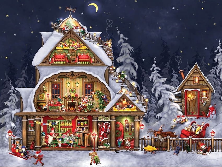 Къщата и домът на Дядо Коледа, шейна, елфи, сняг, коледа, къща, дървета, Дядо Коледа, дом, северен полюс HD тапет