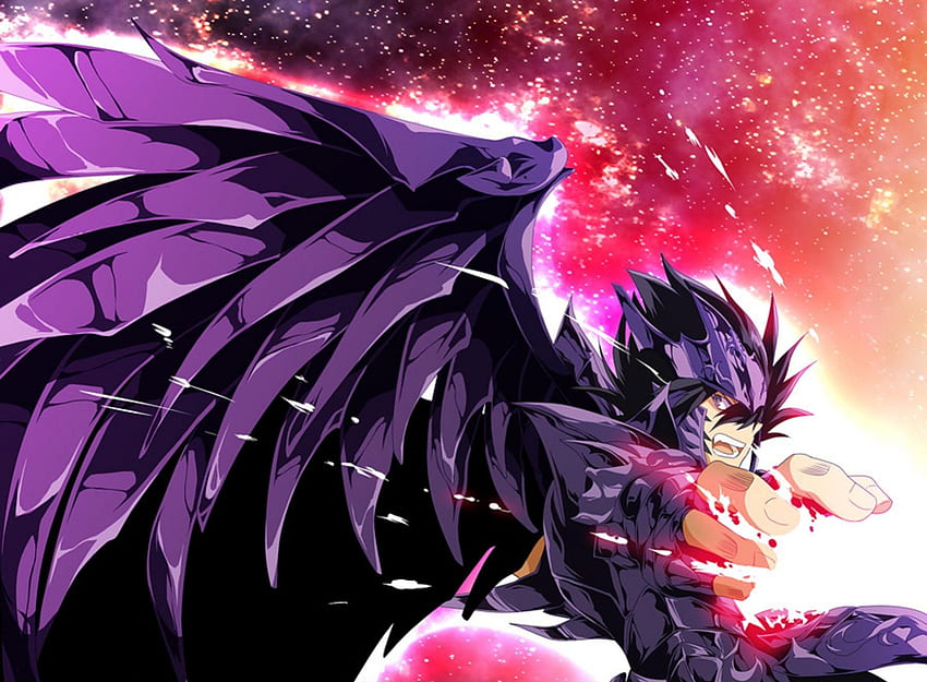 Bennu Kagaho, wings, anime, armour, saint seiya, purple eyes, spiky hair HD wallpaper