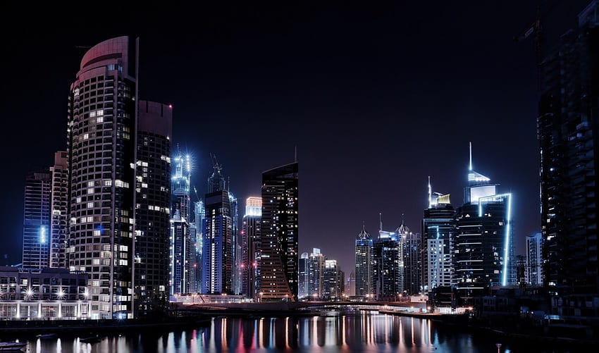 Cities, Rivers, Night, City, Lights, Dubai HD wallpaper