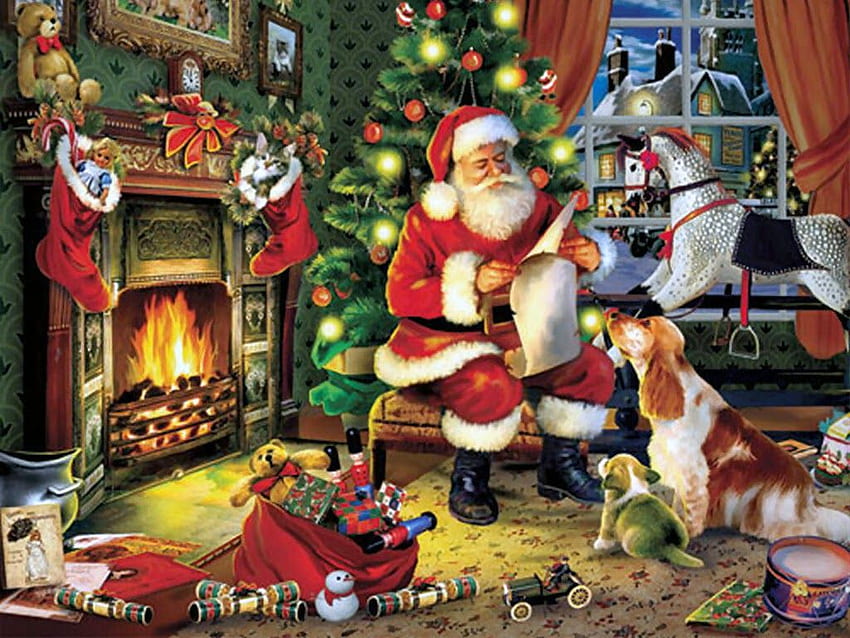 Дядо Коледа влиза в къщата през комина, поставяйки тайни подаръци и раздавайки, класическа Коледа HD тапет