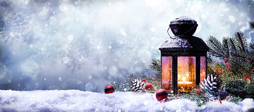 ozdoby choinkowe, latarnia, nowy rok, dzwony, śnieg, gałąź Tapeta HD