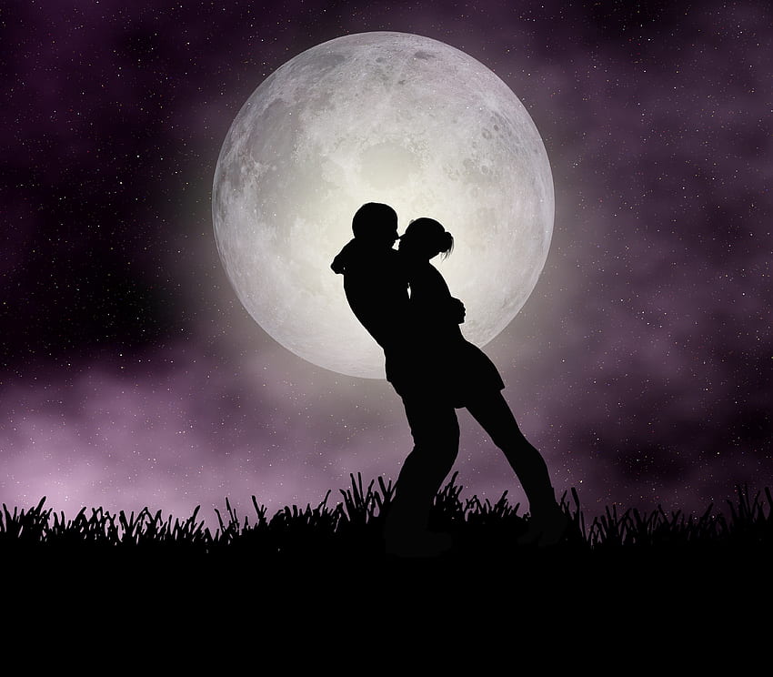 Moon, romantic night, couple, silhouette, art HD wallpaper