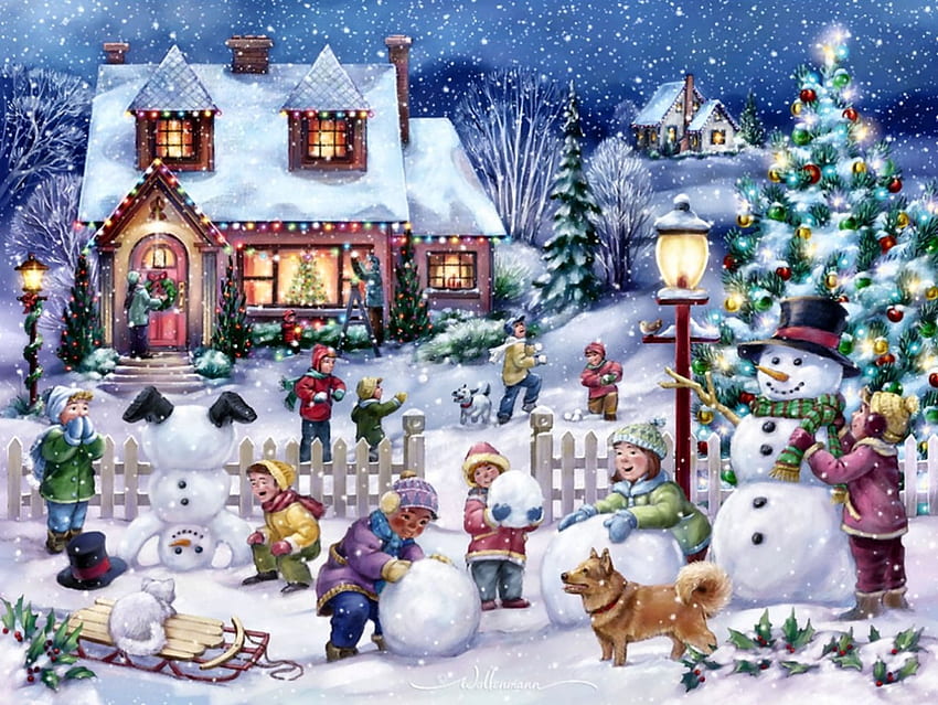 Snowman Celebration F2Cmp, зима, изкуство, пейзаж, снежни човеци, красиви, четири сезона, илюстрация, произведения на изкуството, декори, широк екран, , сняг HD тапет