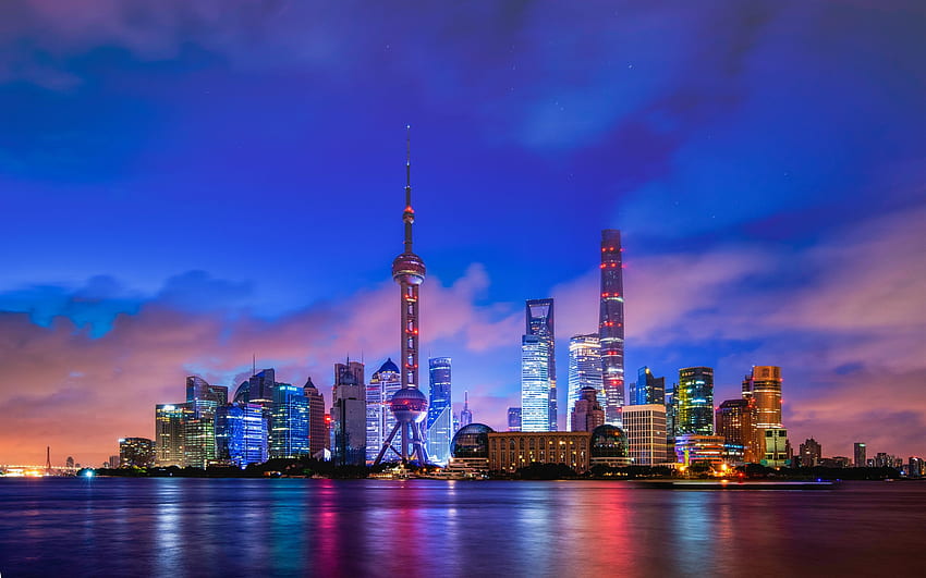 Shanghai Bund, skyscrapers, night, lights, river, China, Shanghai Skyline HD wallpaper
