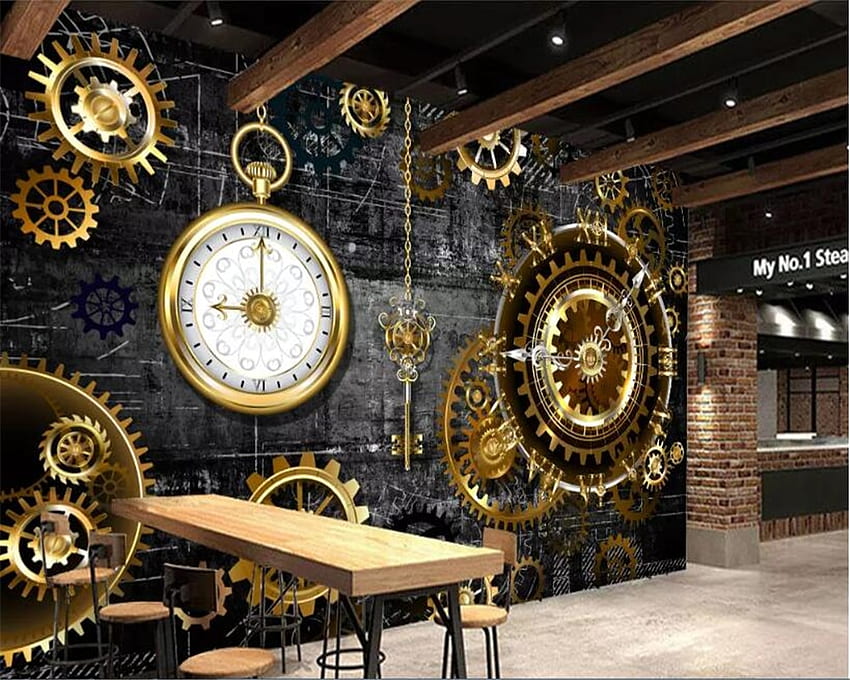 beibehang behang Vintage endüstriyel rüzgar saati tuğla 3D bar kahve dükkanı dekoratif duvar arka plan papel de parede 3D. . - AliExpress, Antika Saat HD duvar kağıdı