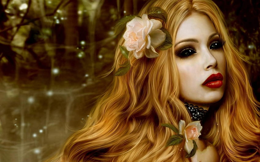 Blonde, lady, roses, fantasy, art, beauty HD wallpaper
