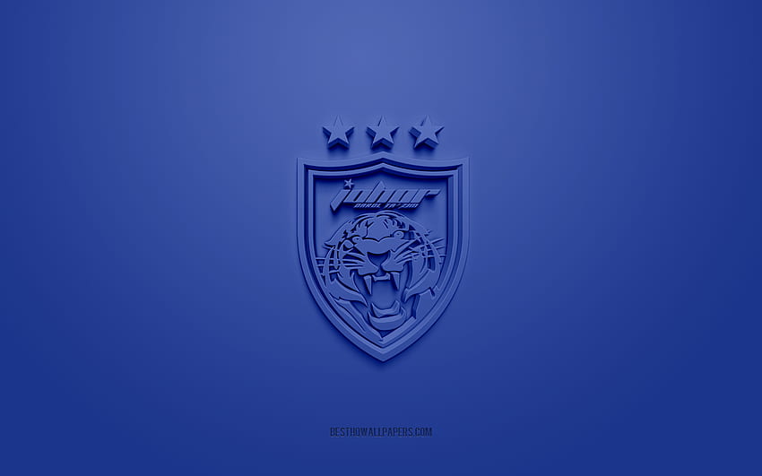 Johor Darul Tazim FC, kreatywne logo 3D, niebieskie tło, emblemat 3d, malezyjski klub piłkarski, Malaysia Super League, Johor, Malezja, grafika 3D, piłka nożna, logo Johor Darul Tazim FC 3d Tapeta HD