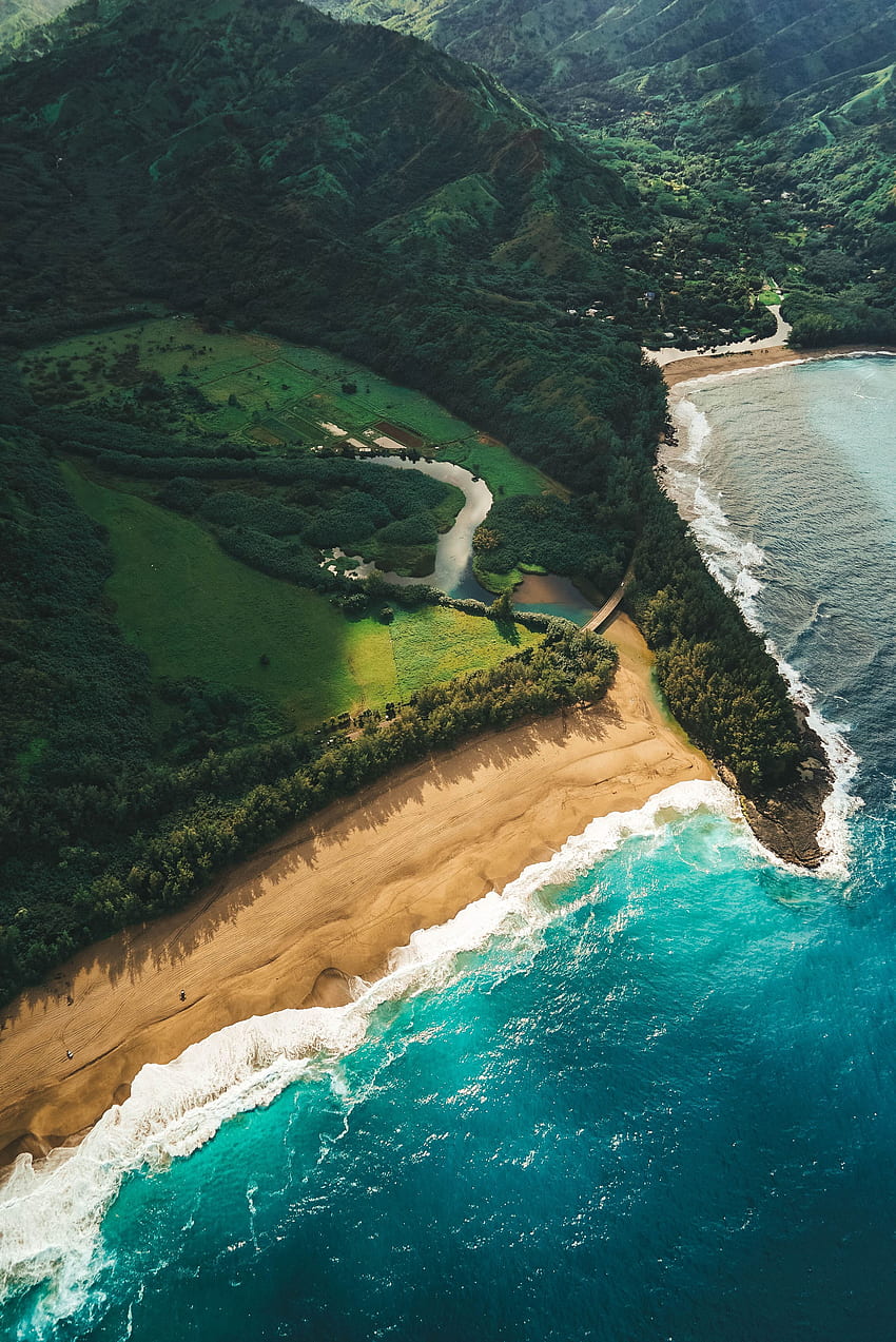 自然, ビーチ, 上からの眺め, 海, ハワイ, カウアイ島 HD電話の壁紙