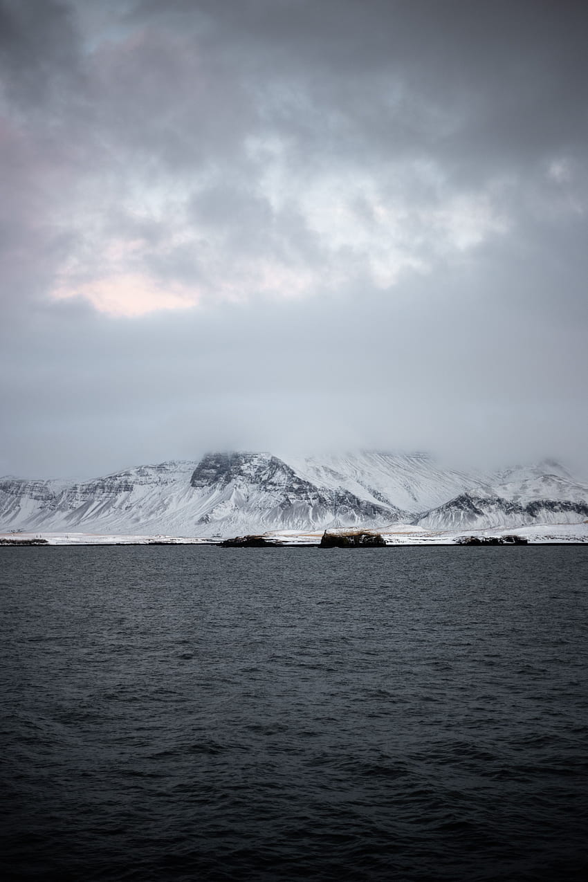 Natura, Montagne, Mare, Neve, Orizzonte, Nebbia, Islanda, Reykjavik Sfondo del telefono HD