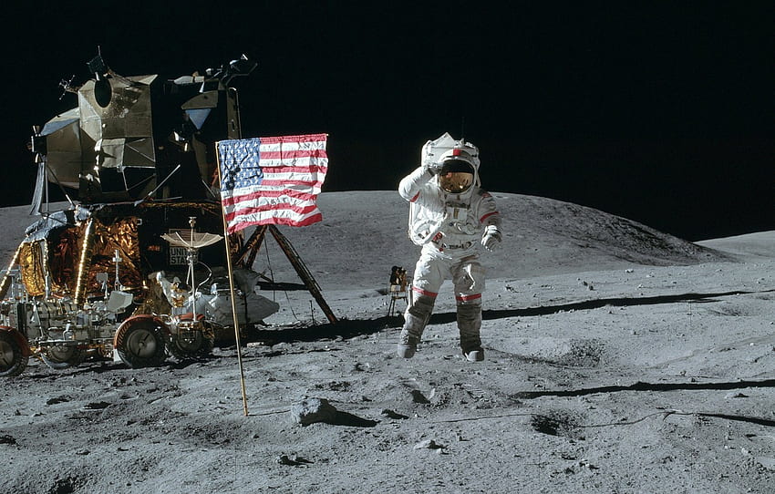 espace, saut, , la lune, drapeau, Astronaute, Amérique, États-Unis, le module lunaire, Américain, Rover pour , section космос - Fond d'écran HD