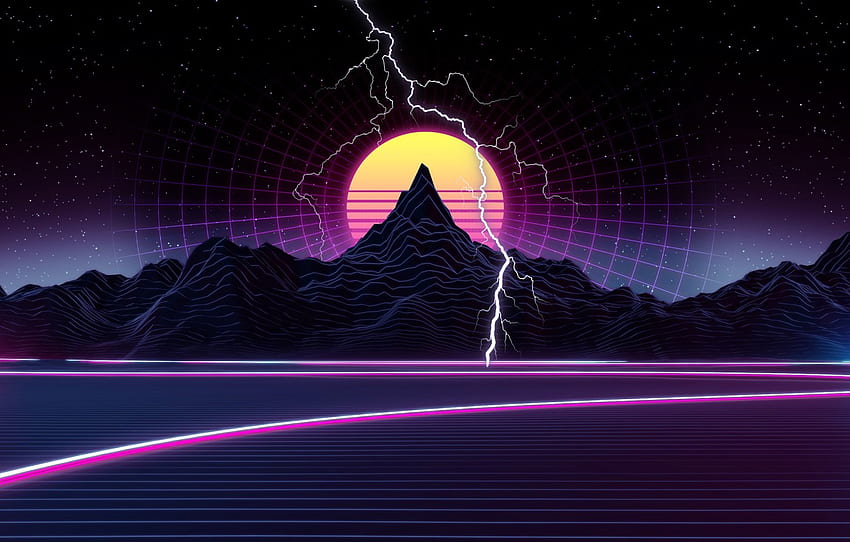 The sun, Mountains, Music, Stars, Lightning, Space, Background, Graphics, 80s, 80's, Synth, Retrowave, Synthwave, New Retro Wave, Futuresynth, Sintav for , section рендеринг HD wallpaper
