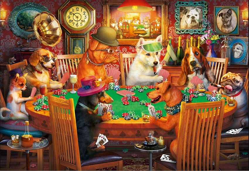 The Gambler Dogs, cards, funny, poker, table, chairs, painting HD wallpaper