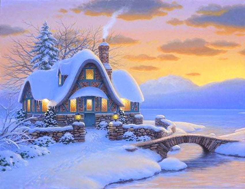 Briggs Corner 1, winter, holidays, winter holidays, attractions in dreams, paintings, love four seasons, cottages, snow, blue and white, xmas and new year, bridges, rivers HD wallpaper