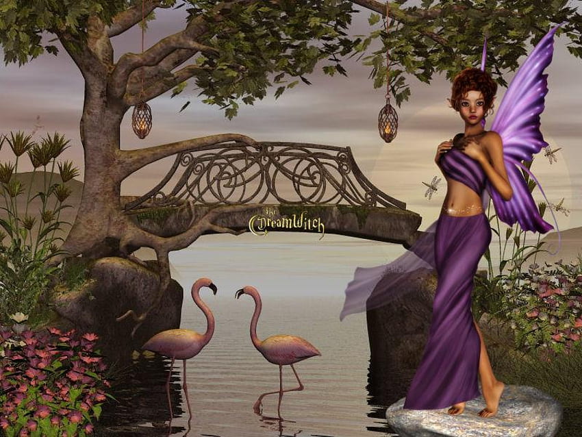 Fairy, abstract, fantasy, flamingos, trees, bridge, flowers, water HD wallpaper