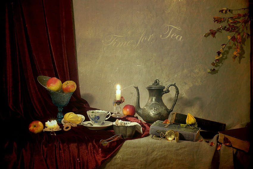 Czas na herbatę, martwa natura, płonąca świeca, książka, filiżanka, herbata, piękna, owoce, czajniczek Tapeta HD