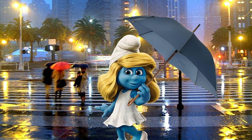 Smurfette, blue, umbrella, white, rain, blonde, girl, fantasy, movie, street, The Smurfs HD wallpaper