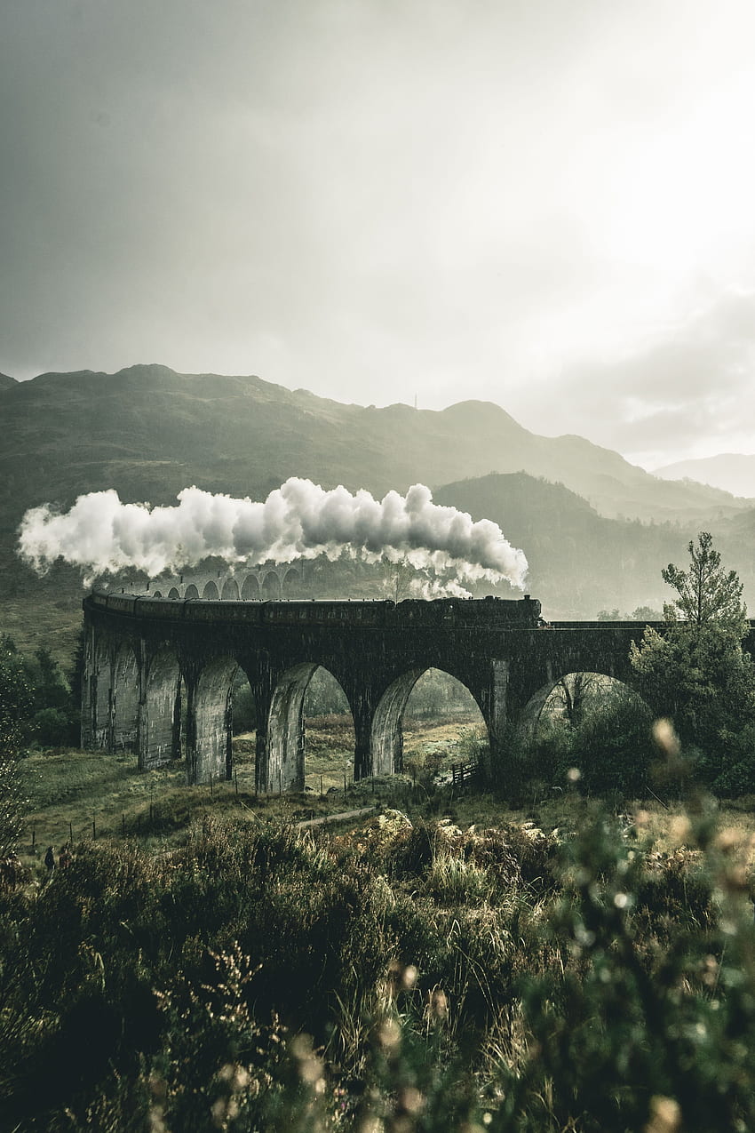 자연, 산, 연기, 영국, 다리, 철도, 기차, Glenfinnan, Viaduct HD 전화 배경 화면