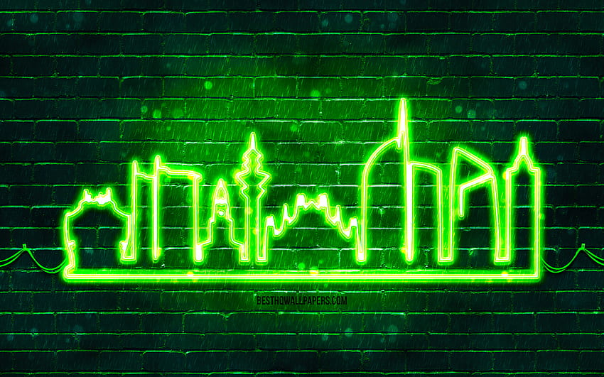 Milan green neon silhouette, , green neon lights, Milan skyline silhouette, green brickwall, italian cities, neon skyline silhouettes, Italy, Milan silhouette, Milan HD wallpaper