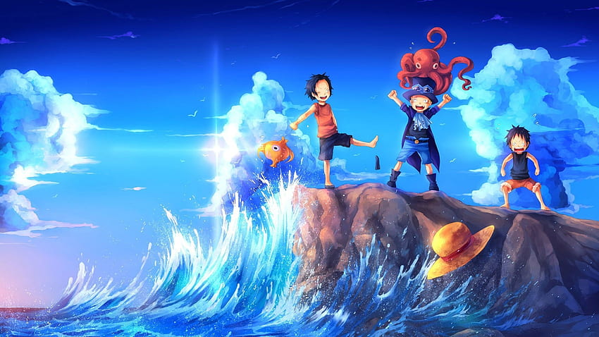 Kinder, One Piece, Monkey D. Ruffy, Portgas D. Ace, Meer, Strohhutpiraten, Strohhut, Himmel, Wolken, Lächeln / und mobiler Hintergrund, Luffy Child HD-Hintergrundbild