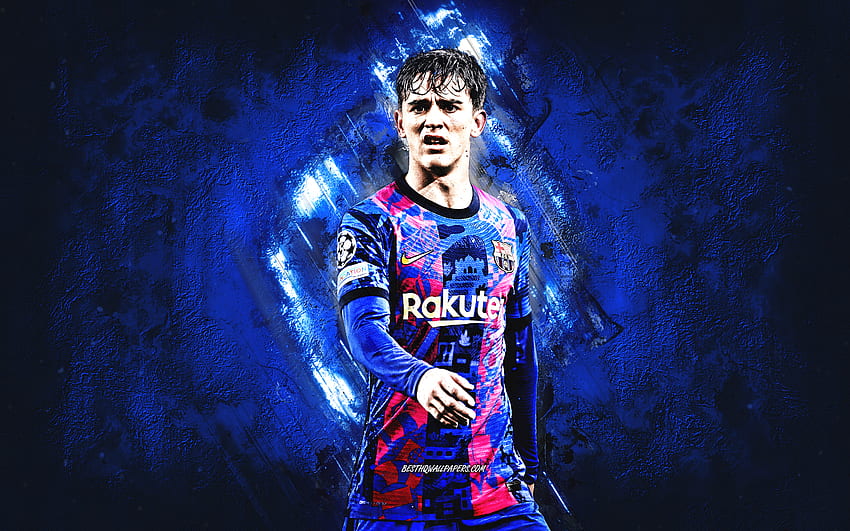 Gavi, FC Barcelona, ​​hiszpański piłkarz, pomocnik, portret, niebieskie kamienne tło, piłka nożna, La Liga, Pablo Martín Paez Gavira Tapeta HD