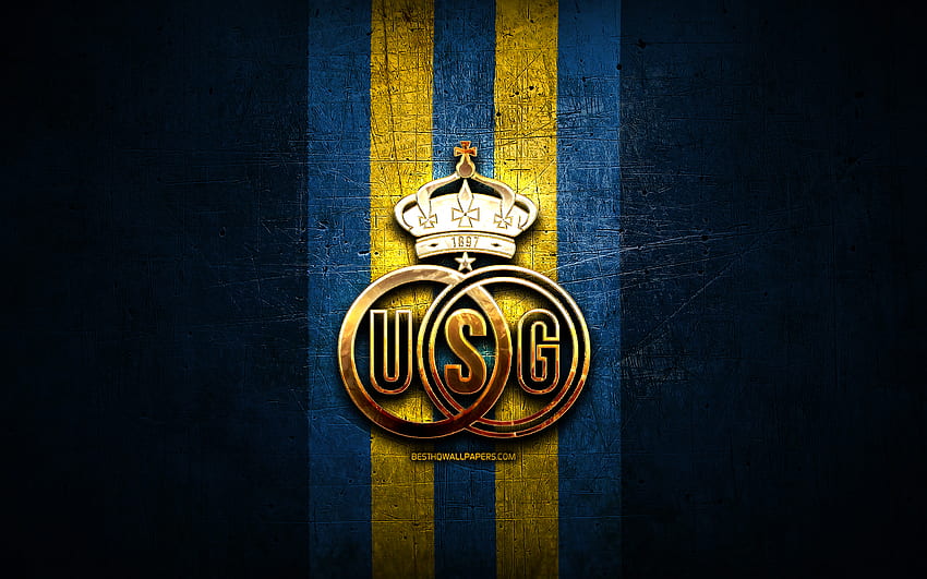 Royale Union Saint-Gilloise FC, златно лого, Jupiler Pro League, син метален фон, футбол, белгийски футболен клуб, Royale Union Saint-Gilloise лого, футбол, Royale Union SG, Union SG, USG HD тапет