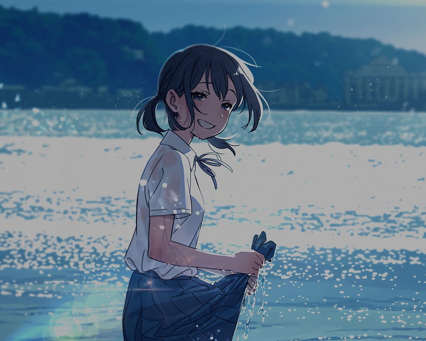 Garota de anime, sorriso lindo, praia, garota linda papel de parede HD