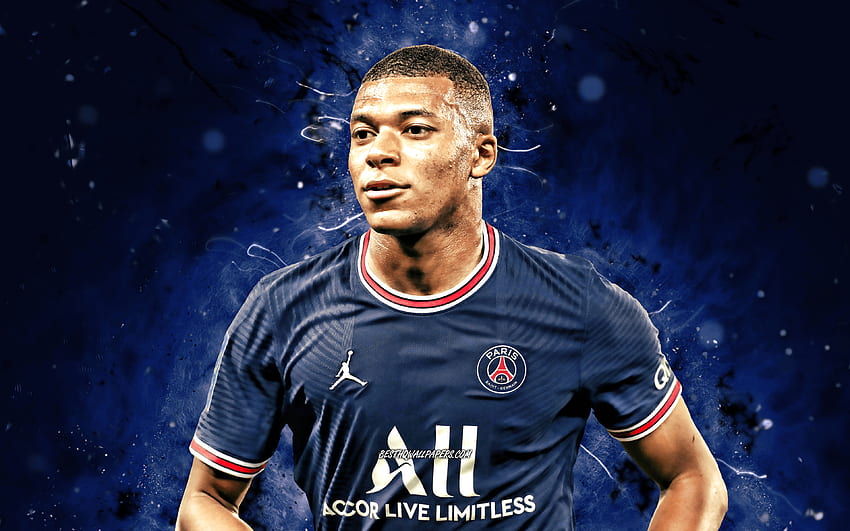 Kylian Mbappe, , close-up, PSG, french footballers, blue neon lights ...