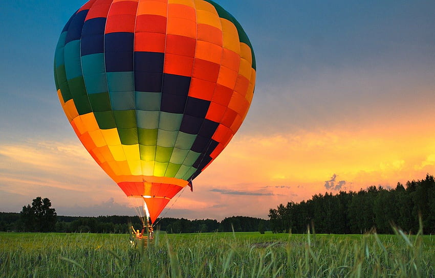 Sunset, field, clouds, sky, nature, grass, hot air balloon, balloon HD wallpaper