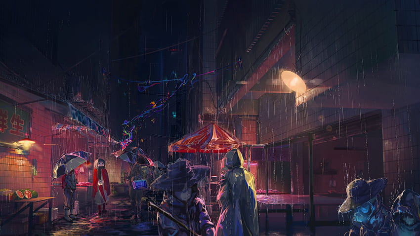 Lluvia, Chica anime, Paraguas, Arte, Original, - Anime Rain Night City, Rainy Anime fondo de pantalla