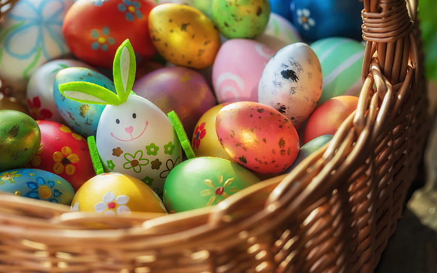 Happy Easter, basket, colorful, easter, eggs HD wallpaper