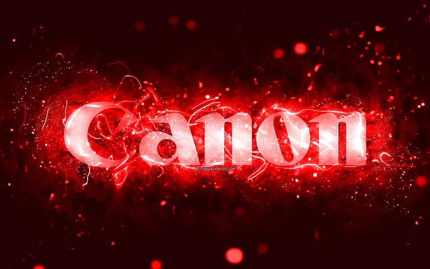 Червено лого на Canon, , червени неонови светлини, творчески, червен абстрактен фон, лого на Canon, марки, Canon HD тапет