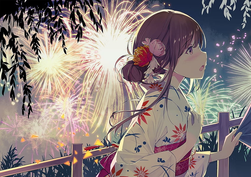 blush brown hair close fireworks japanese clothes original sky sutorora yellow eyes yukata Anime HD wallpaper