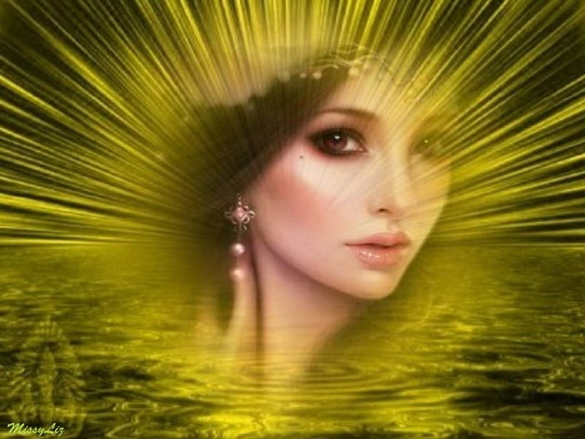 yellow sparkle, abstract, fantasy, art, woman HD wallpaper